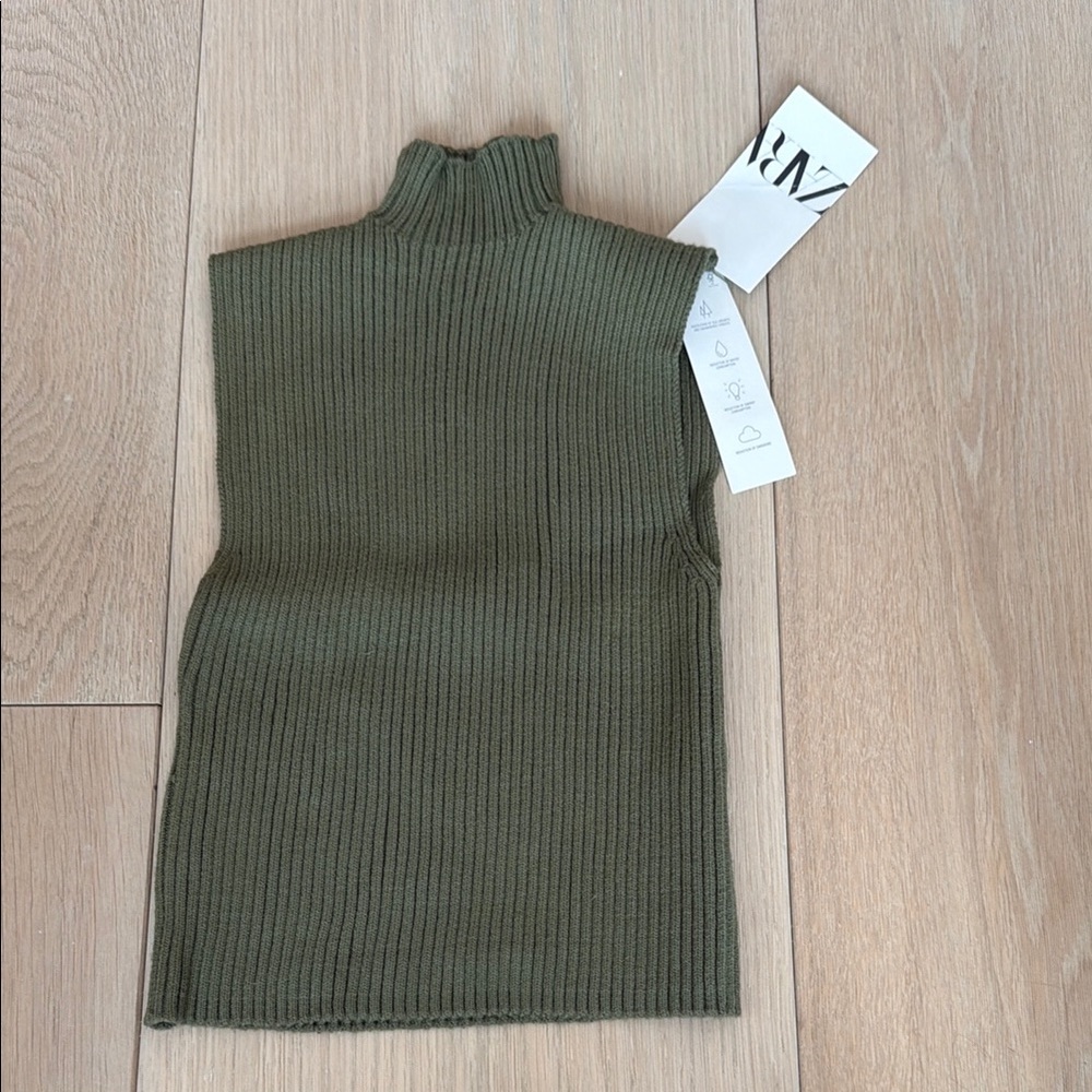 Zara Olive Green Ribbed Sleeveless Turtleneck Sweater Vest